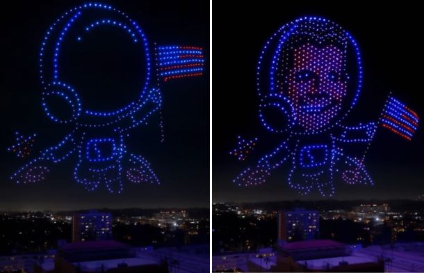 Image shows Simon Cowell immortalized in an America's Got talent drone show.