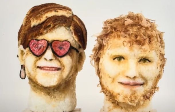 Image shows celebrity sushi art of grapefruit-sized busts of Elton John and Ed Sheeran made from sushi.