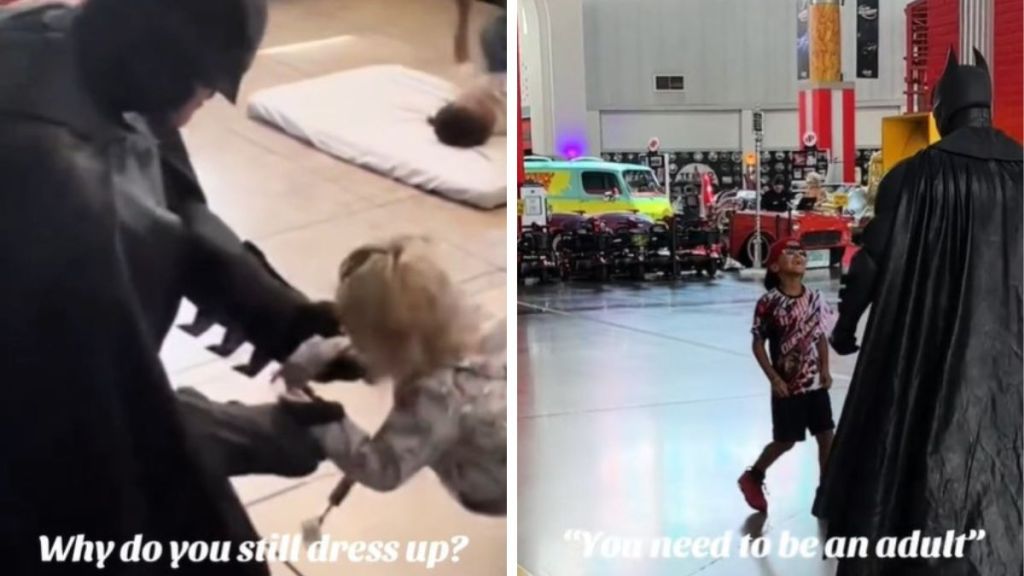 Left image shows a Batman performer with the question, "Why do you still dress up?" Right image shows him with a child approaching And the phrase, "You need to be an adult."