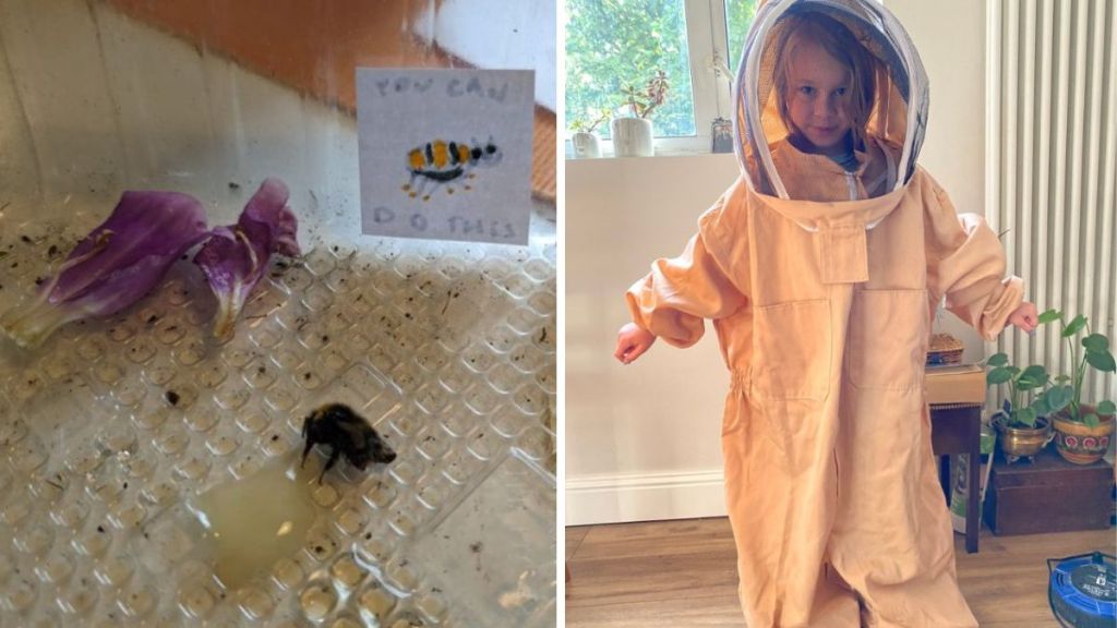 Left image shows a rescued bee and a tiny motivational poster. Right image shows a small girl in a full beekeepers suit.