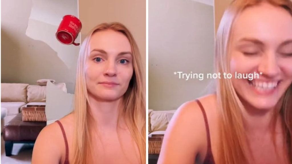 Left image shows a floating coffee mug during a Zoom meeting. Right image shows a woman trying not to laugh right before she begins laughing.