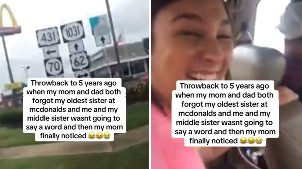 Left image shows a McDonald's along the highway as a family drives away. Right image shows one daughter laughing because the parent left a daughter at the McDonald's.