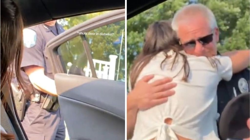 Left image shows a police officer closing a vehicle door in disbelief when he sees the occupant. Right image shows a heartfelt hug between father and "new recruit" daughter.