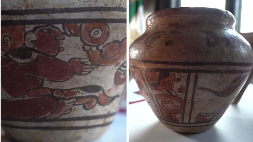 Left image shows closeup of artwork on a Mayan Vase. Right image shows a side view of the entire vase.