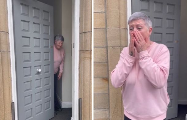 Left panel shows a woman opening her door to a surprise visitor. Right image shows her gasping and covering her face as she realized her visitor was pregnant.