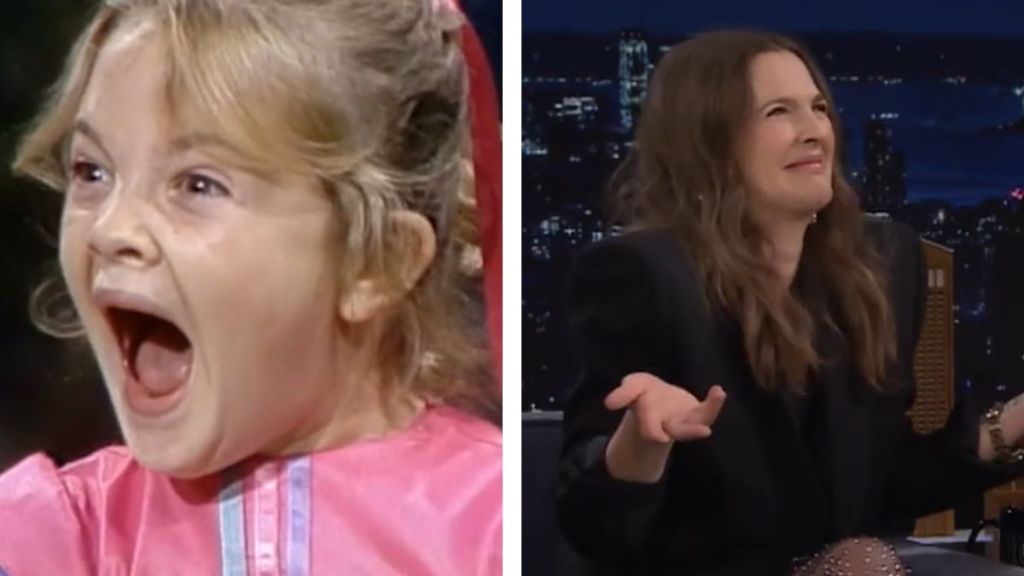 A side by side of Drew Barrymore as a child and an adult.