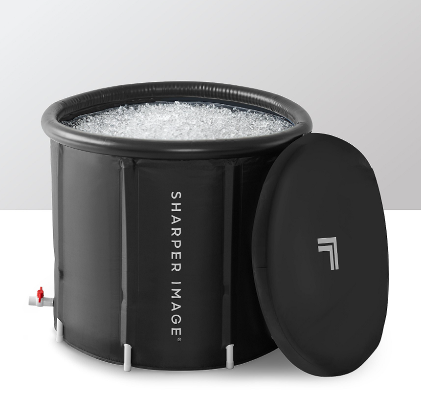 A black ice bath against a grey background.