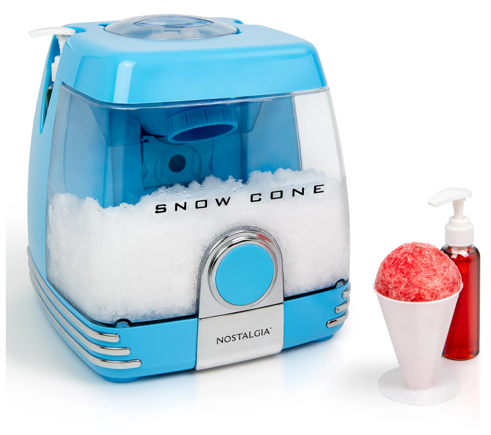 A light blue snow cone machine next to a freshly made snow cone.
