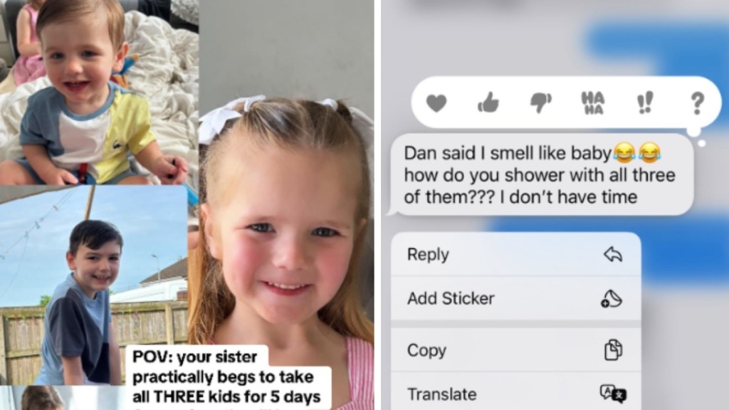 A two-photo collage. The first shows three photos of little kids along with text that reads: POV: your sister practically begs to take all THREE kids for 5 days. The second image shows a text that reads: Dan said I smell like baby. How do you shower with all three of them??? I don't have time