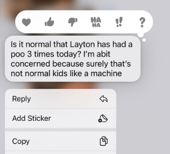 Text that reads: Is it normal that Layton has had a poo 3 times today? I'm a bit concerned because surely that's not normal kids like a machine