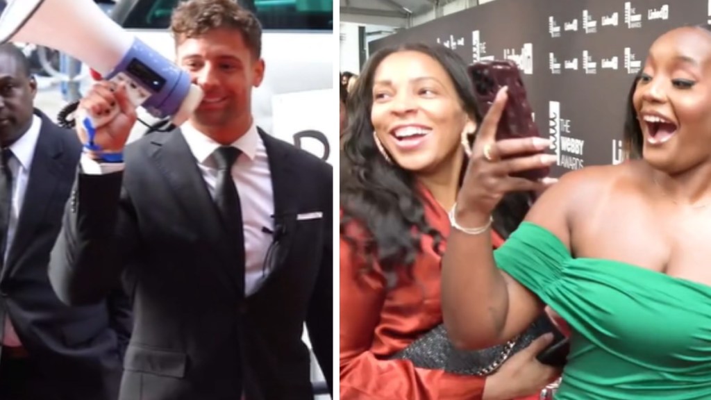A two-photo collage. The first shows a man talking into a megaphone while wearing a suit. The second image shows two well-dressed women on a red carpet. Both look happily surprised, open-mouthed smiles on their faces. One of them is seemingly recording someone on their phone.