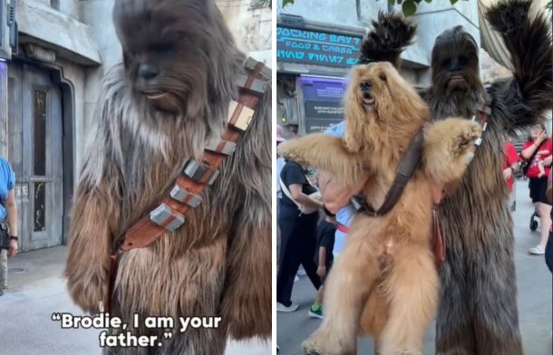 Left image shows Chewbacca with the words, "Brodie, I am your father." Right image shows Brodie and Chewbacca posing with arms raised in the Wookie growl stance.