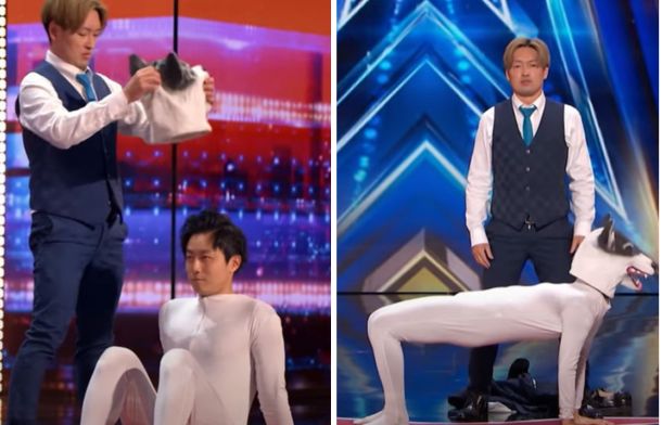 Left image shows a member of the duo carrying a dog head mask. Right image shows the dog head on the other man's head as he assumes a pose to create a white dog.