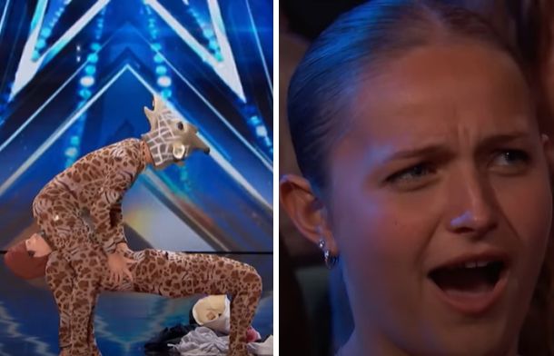 Left image shows two men in spotted suits assuming a very suggestive pose. Right image shows an astonished audience member.