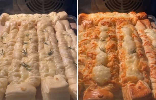 Images show phyllo dough breadsticks. In the left image they are raw dough. In the right image they are fully baked and bubbling with with melted cheese.