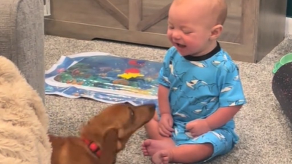 A baby laughs as he sits on the floor, looking down at a dachshund who is looking back up at him.