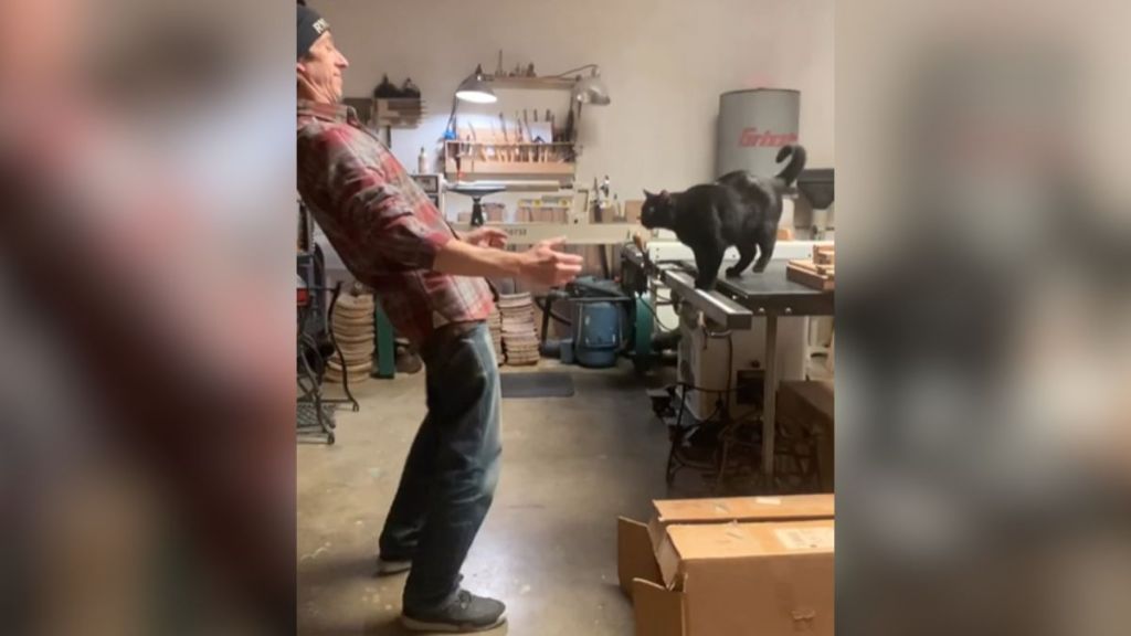 A man leans back while his black cat gets ready to pounce.
