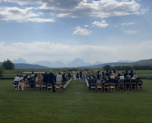 A herd of horses behind an outdoor wedding ceremony.