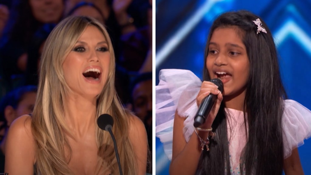 A two-photo collage. The first shows Heidi Klum, mouth wide open in shock. The second image shows a little girl singing on the "AGT" stage