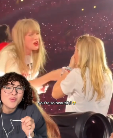 A content creator reacting to Taylor Swift talking to a fan.