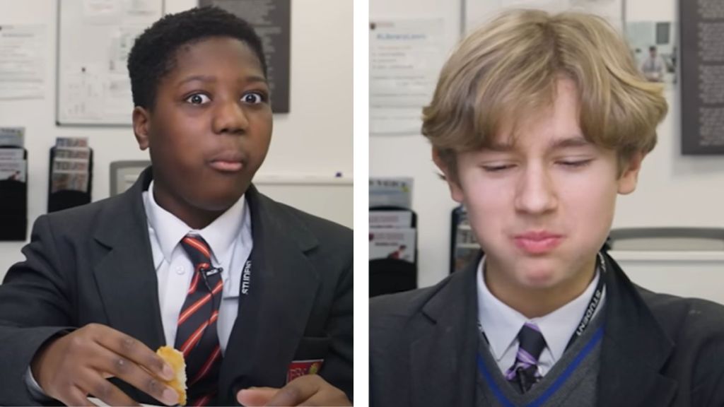 A side by side of two boys reacting to trying new food.