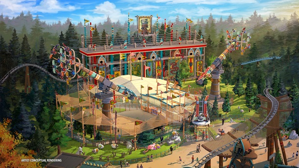 Image shows an artist's mock up of the Dragon Racer’s Rally ride at How to Train Your Dragon - Isle of Berk, Universal Studios Epic Universe, Orlando (opening in 2025).