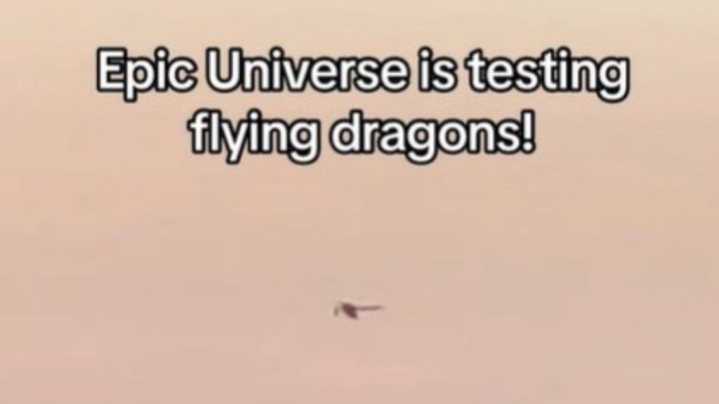 Image shows a very fuzzy dragon drone on a test flight over Disney's Universal Studios in Florida.
