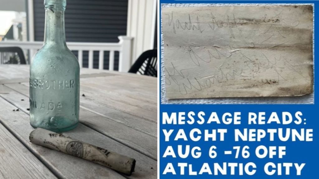 Left image shows an old bottle and a rolled up message found on the Jersey Shore. Right image shows the "best guess" translation of a handwritten note from the bottle.