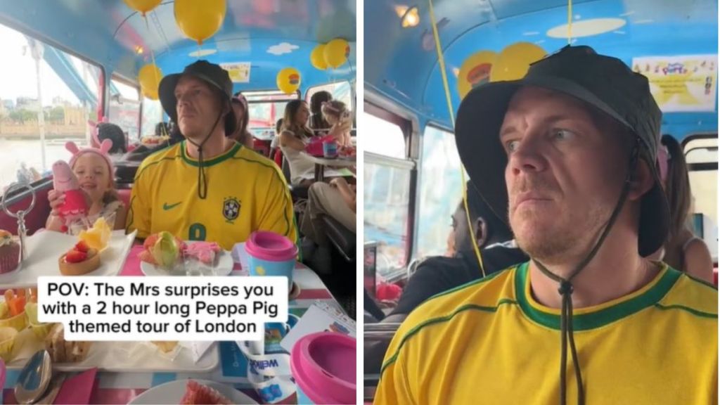 Left image shows a man with his daughter on a London Peppa Pig Tour bus. Right image is a close-up of the unhappy scowl on the father's face.