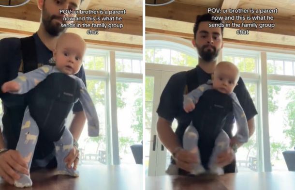 Images show a man with a baby in a front-facing backpack carrier "dancing" to the Michael Jackson hit "Beat It."