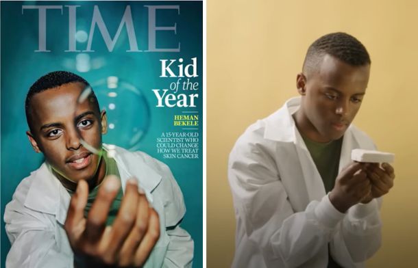 Left image shows the Time Magazine cover featuring the 2024 Kid of the Year, Hemen Bekele. Right image shows Hemen with the skin cancer soap he created.