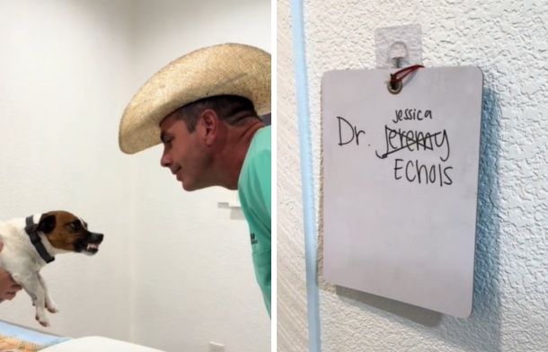 Left image shows a growling dog who doesn't like men. Left image shows the sign noting a change in doctors from male "Jeremy" to female "Jessica."