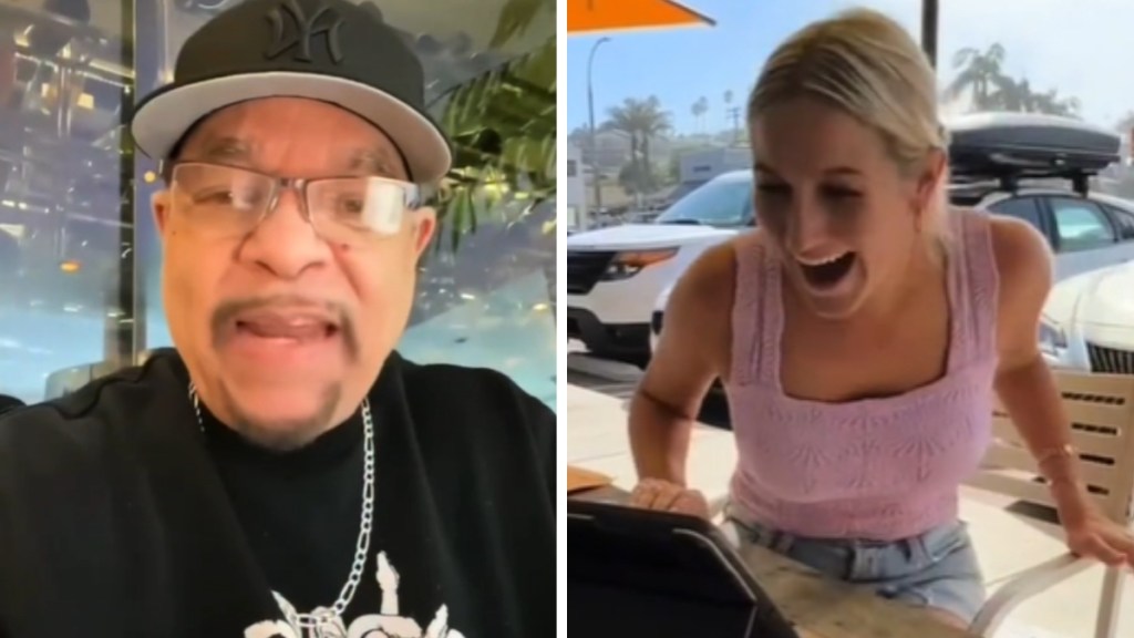A two-photo collage. The first shows T-Pain talking to the camera. The second shows a woman reacting to the T-Pain video on her tablet. Her eyes are wide with excitement and her mouth is open wide.