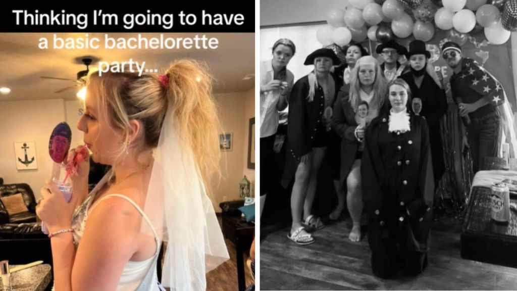 Left image shows Mis LaPlante preparing for a "normal" bachelorette Party. Right image shows the party guests dressed as the Founding Fathers to celebrate Mia's last day of independence.