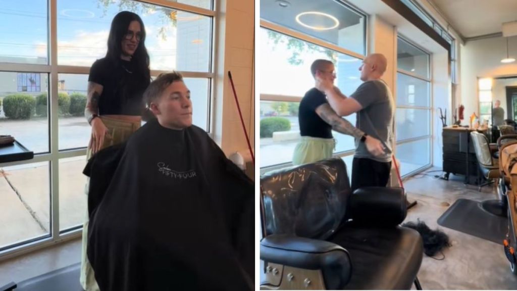 Left image shows a hairdresser and her husband preparing to shave his head after a cancer diagnosis. Right image shows the pair hugging with matching haircuts.