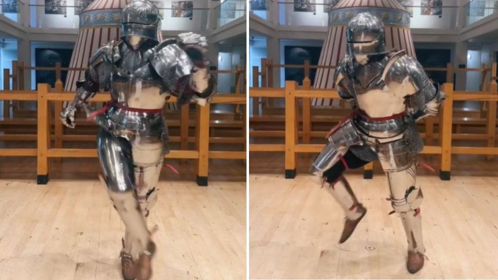 Images show a medieval knight dancing in full armor and chainmail.