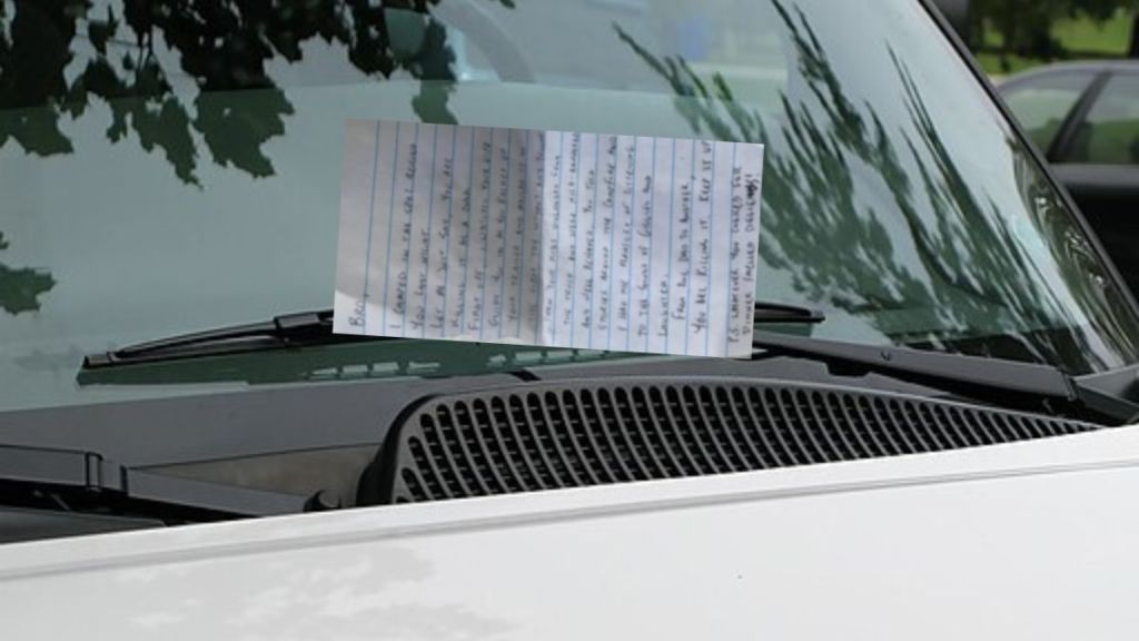Image shows a windshield (stock image) with a note on it.