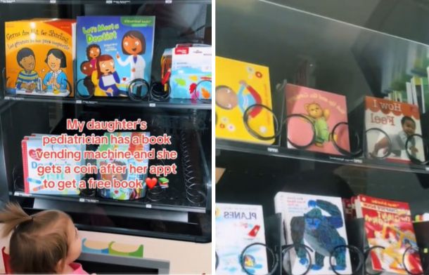 Images show a vending machine in a pediatrician's office that is full of books children can "purchase" with a reward coin after an appointment.