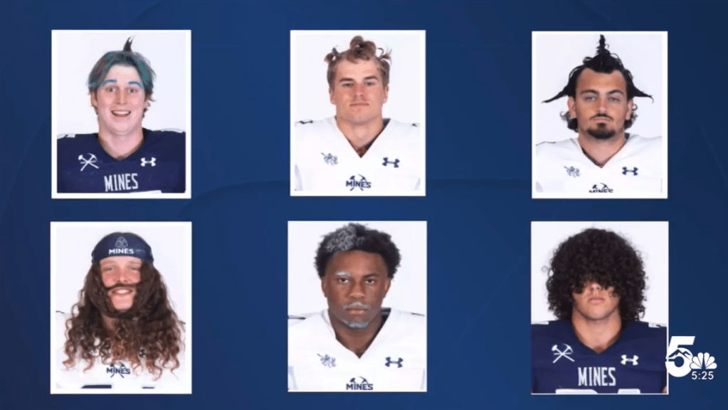 Six headshots of Colorado football players.

Player 1: Has his hair and eyebrows dyed blue. Some of his hair is sticking up at the top of his head. He has a big, goofy grin

Player 2: His hair is curled in a silly way

Player 3: His hair is styled into three large points, one on both sides and one at the top

Player 4: His long, curly hair is styled to look like a mustache and beard

Player 5: Half his hair is grey. This is also true of one eyebrow, his mustache, and beard

Player 6: His long curly hair entirely covers his eyes.