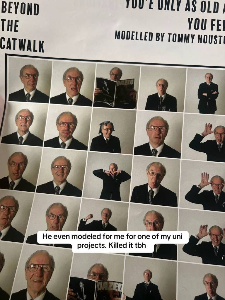 View of a series of images of Tommy posing in various poses, some silly, with various expressions on his face, some also silly

Text on the image reads: He even modeled for me for one of my uni projects. Killed it tbh