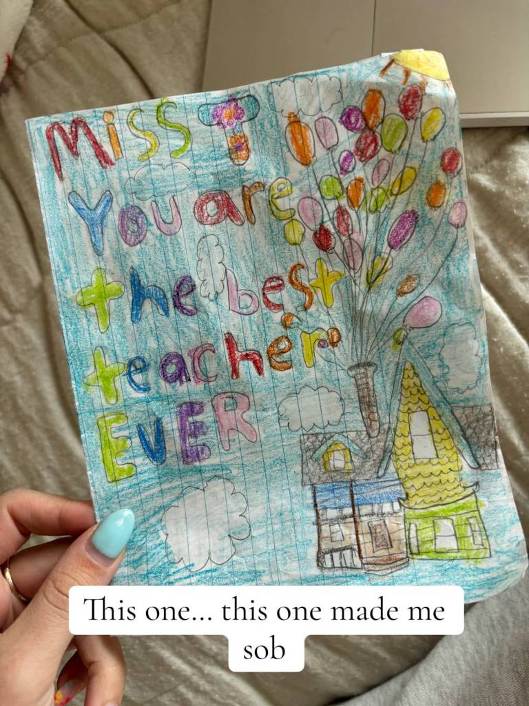 A colorful drawing made by a kid. There's a recreation of the house from "Up," balloons and all. A message reads, "Miss T you are the best teacher ever."
Text on the image reads: This one... this one made me sob