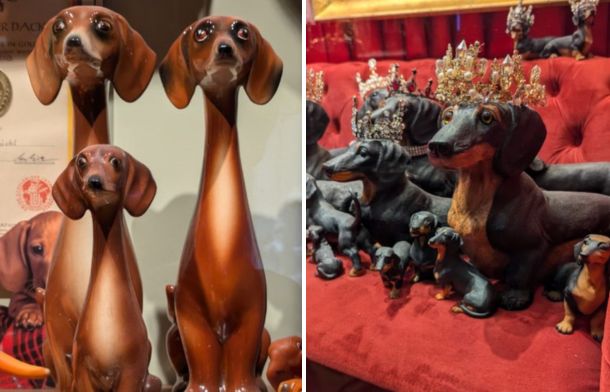 Left image shows statues depicting a family of Dachshunds. Right image shows "The Royal Family" display at the museum.