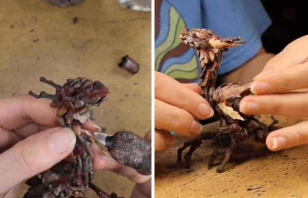Left image shows the artist attaching the head and body parts of the dragon sculpture together. Right image shows the wings being attached.