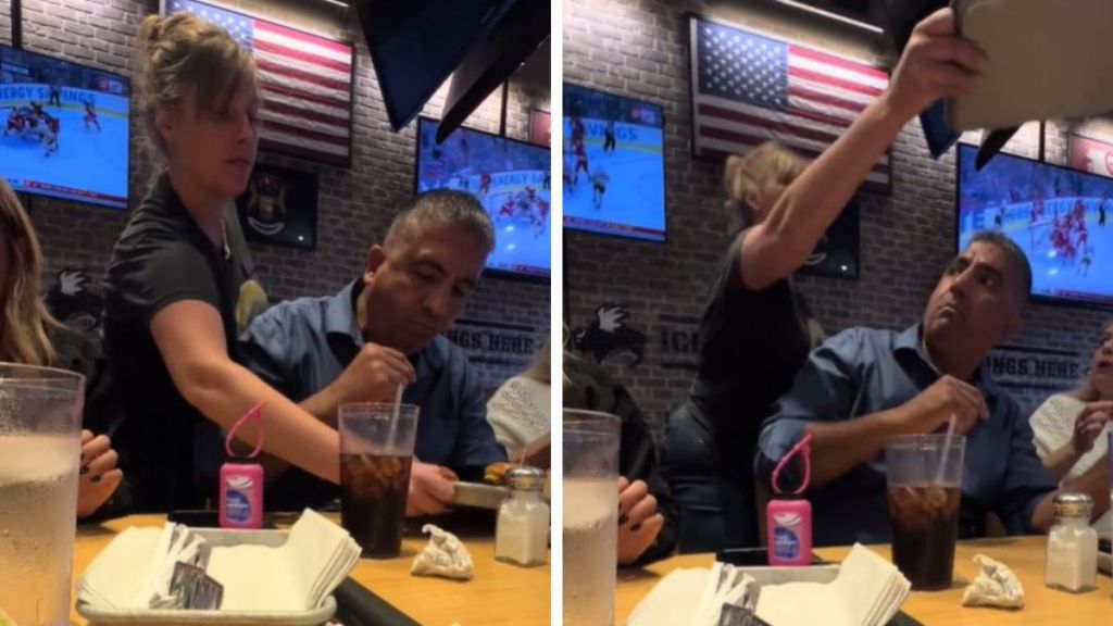 Images show a waitress taking a man's food away seconds after delivering it as part of a dad prank.