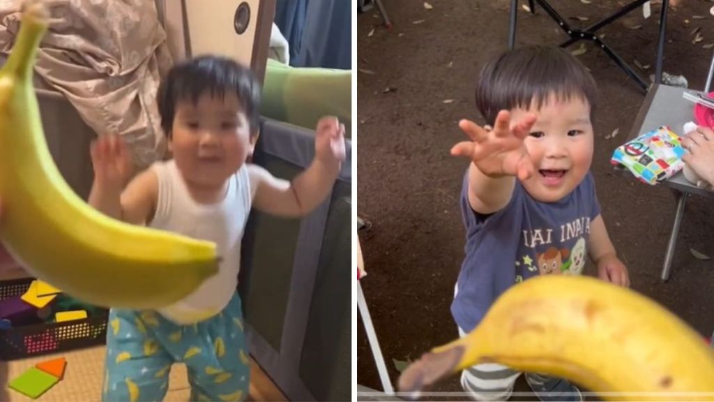 Images show a toddler running to get a banana.