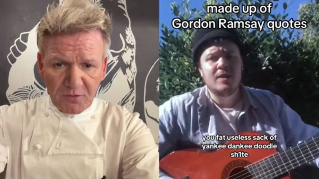 Image shows celebrity chef Gordon Ramsay listening to a parody song made up of his quotes.