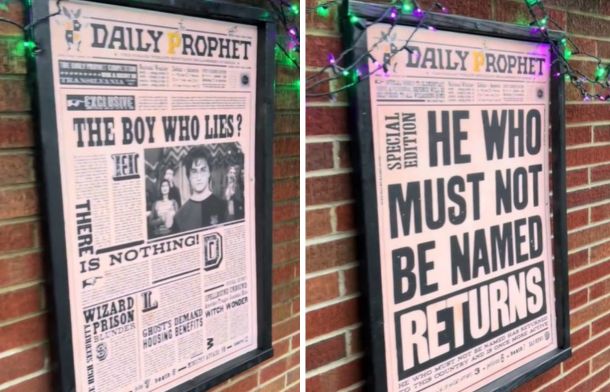 Images show replicas of Daily Prophet headlines from the Harry Potter movies.