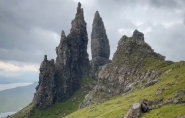Image shows a view of the Old Man of Store rock formation on the Isle of Skye in Scotland.