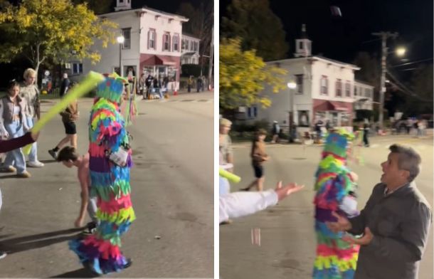 Left image shows a person hitting a person wearing a piñata costumne with a pool noodle. Right image shows the "piñata" tossing a handful of candy for people to catch.