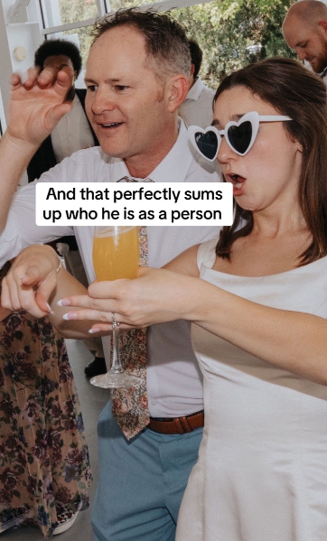A dad and his daughter, Alison, smile as they dance at an event, likely a wedding reception. Alison appears to be the bride. Text on the image reads: And that perfectly sums up who he is as a person